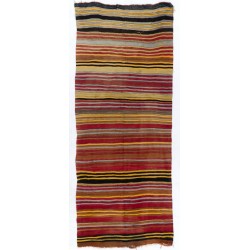 Nomadic Handwoven Vintage Turkish Wool Kilim. Striped Double Sided Hallway Runner. 4.6 x 11.2 Ft (140 x 340 cm)
