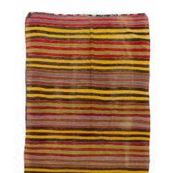 Colorful Nomadic Handwoven Vintage Turkish Wool Kilim. Striped Hallway Runner (Reversible). 4.6 x 12.2 Ft (140 x 370 cm)