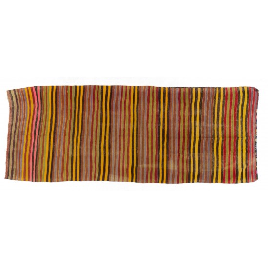 Colorful Nomadic Handwoven Vintage Turkish Wool Kilim. Striped Hallway Runner (Reversible). 4.6 x 12.2 Ft (140 x 370 cm)