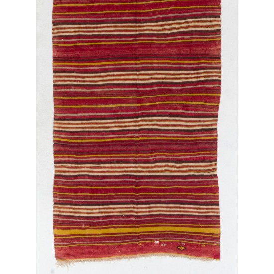 Colorful Nomadic Handwoven Vintage Turkish Wool Kilim. Striped Hallway Runner (Reversible). 4.6 x 14.3 Ft (140 x 435 cm)