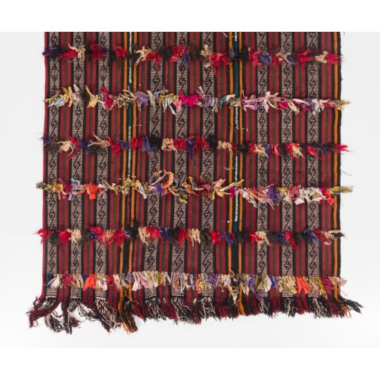 Handmade Turkish Kilim Rug with Colorful Poms. Tribal Style Bed Cover & Wall Hanging. 4.7 x 8.4 Ft (142 x 253 cm)
