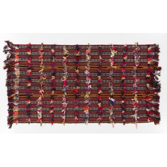 Handmade Turkish Kilim Rug with Colorful Poms. Tribal Style Bed Cover & Wall Hanging. 4.7 x 8.4 Ft (142 x 253 cm)