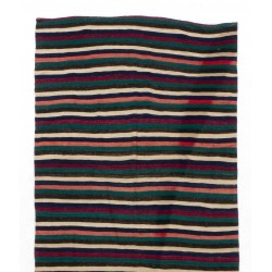 Colorful Nomadic Handwoven Vintage Turkish Wool Kilim. Striped Hallway Runner (Reversible). 4.7 x 11.8 Ft (142 x 357 cm)
