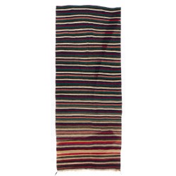 Colorful Nomadic Handwoven Vintage Turkish Wool Kilim. Striped Hallway Runner (Reversible). 4.7 x 11.8 Ft (142 x 357 cm)