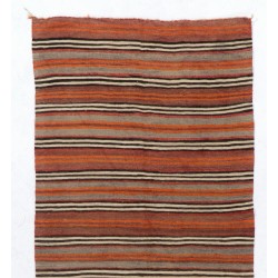 Multicolor Nomadic Handwoven Vintage Turkish Wool Kilim. Striped Hallway Runner (Reversible). 4.7 x 10.8 Ft (143 x 327 cm)