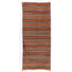 Multicolor Nomadic Handwoven Vintage Turkish Wool Kilim. Striped Hallway Runner (Reversible). 4.7 x 10.8 Ft (143 x 327 cm)