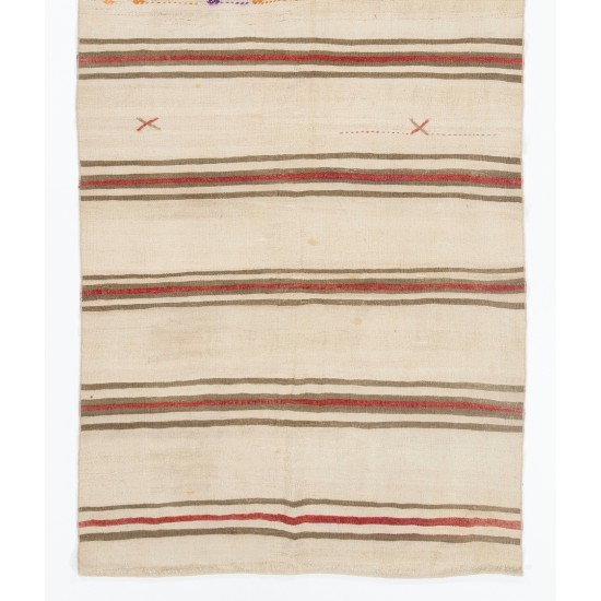 Handwoven Vintage Anatolian Kilim Made of Wool. Striped Hallway Runner (Reversible). 4.7 x 11.9 Ft (143 x 362 cm)