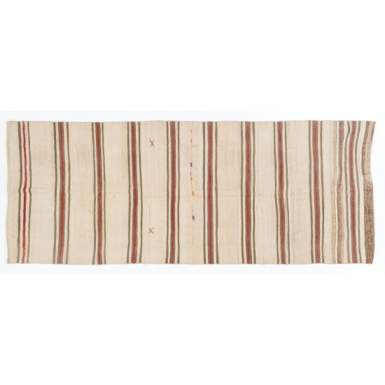 Handwoven Vintage Anatolian Kilim Made of Wool. Striped Hallway Runner (Reversible). 4.7 x 11.9 Ft (143 x 362 cm)