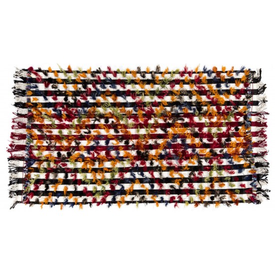 Handmade Turkish Kilim Rug with Colorful Poms. Tribal Style Bed Cover & Wall Hanging. 4.8 x 9 Ft (144 x 277 cm)