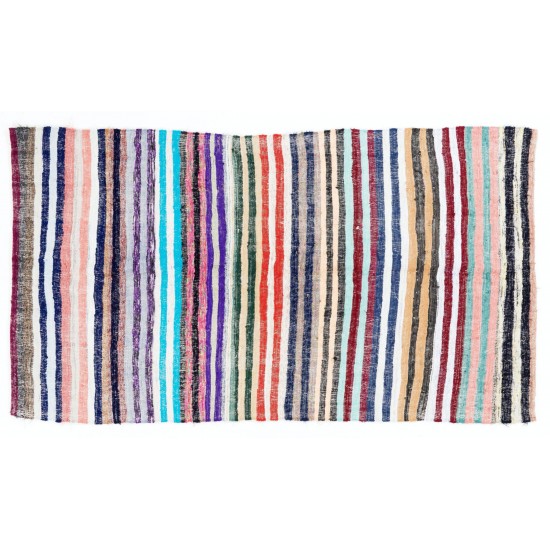 Lovely Multicolored Striped Double Sided Kilim, Vintage Handwoven Rag Rug. 4.8 x 8.7 Ft (145 x 264 cm)