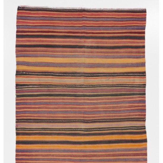 Colorful Nomadic Handwoven Vintage Turkish Wool Kilim. Striped Hallway Runner (Reversible). 4.8 x 10.7 Ft (145 x 326 cm)