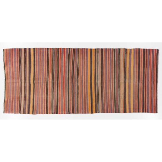 Colorful Nomadic Handwoven Vintage Turkish Wool Kilim. Striped Hallway Runner (Reversible). 4.8 x 10.7 Ft (145 x 326 cm)