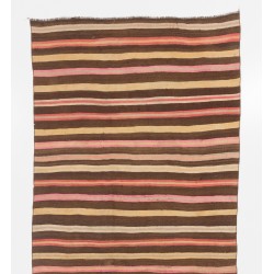 Multicolored Vintage Handwoven Turkish Wool Kilim. Striped Hallway Runner (Reversible). 4.8 x 11.6 Ft (145 x 353 cm)