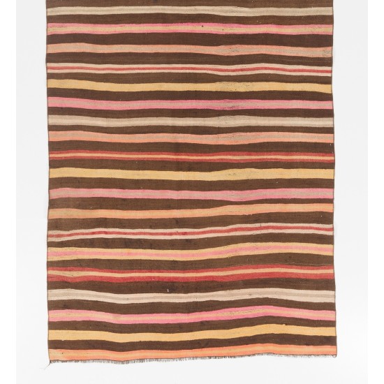 Multicolored Vintage Handwoven Turkish Wool Kilim. Striped Hallway Runner (Reversible). 4.8 x 11.6 Ft (145 x 353 cm)