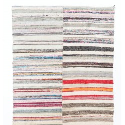 Vintage Cotton Rag Rug. Flat-Weave Kilim. Reversible Floor Covering. 4.9 x 11.2 Ft (148 x 340 cm)