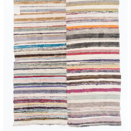 Vintage Cotton Rag Rug. Flat-Weave Kilim. Reversible Floor Covering. 4.9 x 11.2 Ft (148 x 340 cm)