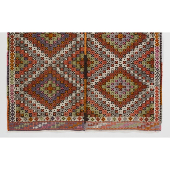 Colorful Vintage Handmade Central Anatolian Kilim Rug with Diamond Patterns. 5 x 6.3 Ft (150 x 190 cm)