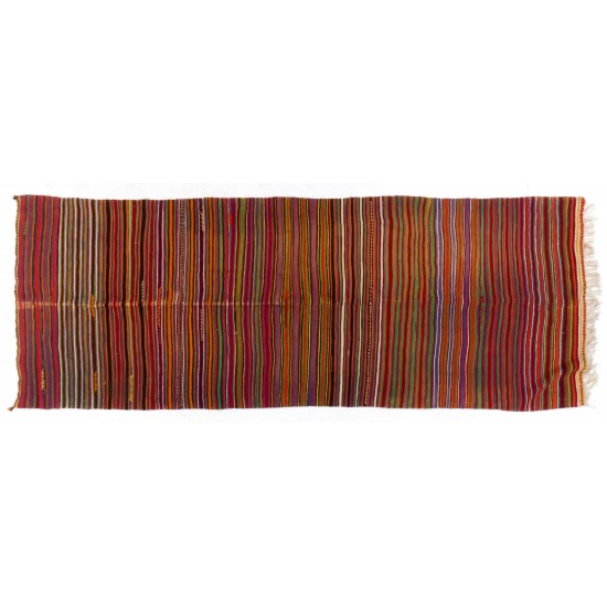 Handwoven Vintage Turkish Wool Runner Kilim for Hallway Decor. 5 x 12.9 Ft (152 x 393 cm)