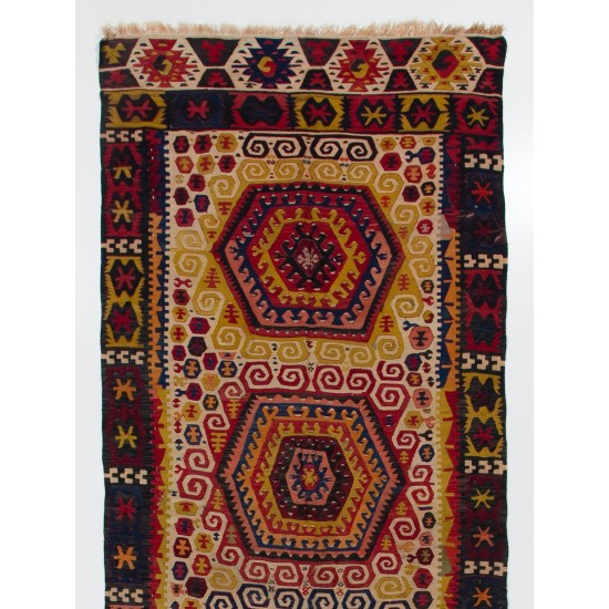 Antique Kilim, Geometric Pattern Handmade Turkish Rug. 5 x 14.2 Ft (152 x 430 cm)