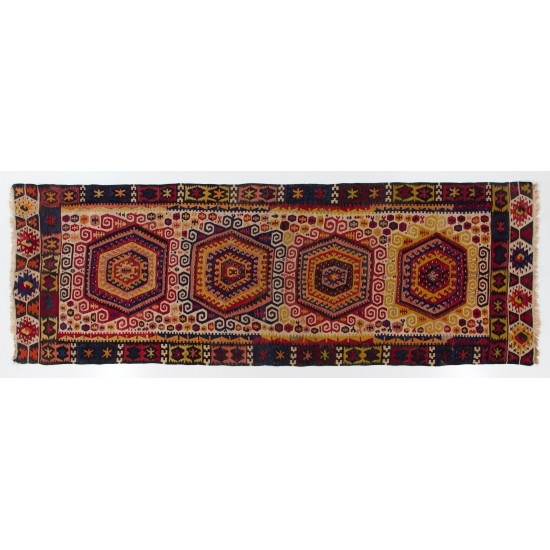 Antique Kilim, Geometric Pattern Handmade Turkish Rug. 5 x 14.2 Ft (152 x 430 cm)