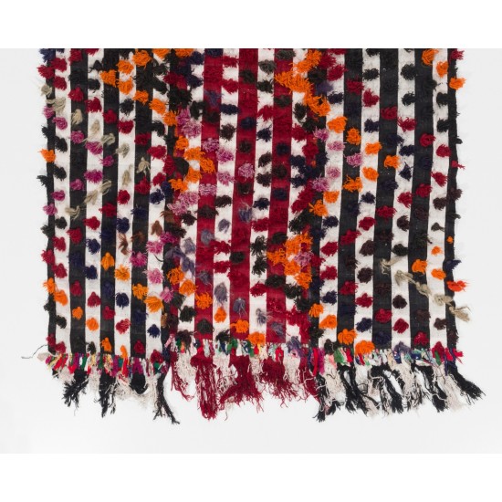Striped Handmade Turkish Kilim Rug with Colorful Poms. Tribal Style Bed Cover & Wall Hanging. 5 x 7.5 Ft (153 x 228 cm)