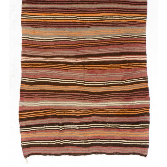 Colorful Banded Vintage Turkish Kilim (Flat-Weave). Handwoven Hallway Runner (Reversible) Made of Wool. 5 x 11.8 Ft (153 x 357 cm)