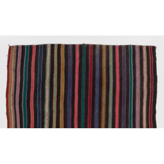 Handmade Vintage Turkish Kilim Flat-Weave Kilim Rug with Black, Orange, Lilac and Green Stripes. 5.2 x 6.5 Ft (156 x 198 cm)