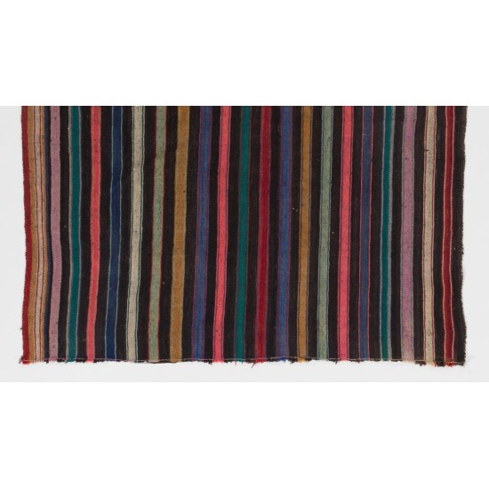 Handmade Vintage Turkish Kilim Flat-Weave Kilim Rug with Black, Orange, Lilac and Green Stripes. 5.2 x 6.5 Ft (156 x 198 cm)