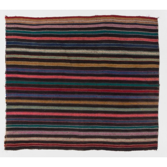 Handmade Vintage Turkish Kilim Flat-Weave Kilim Rug with Black, Orange, Lilac and Green Stripes. 5.2 x 6.5 Ft (156 x 198 cm)