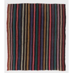 Handmade Vintage Turkish Kilim Flat-Weave Kilim Rug with Black, Orange, Lilac and Green Stripes. 5.2 x 6.5 Ft (156 x 198 cm)