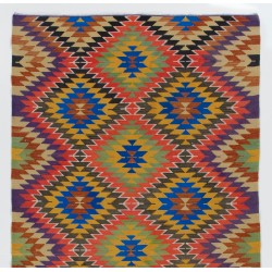 Geometric Pattern Vintage Turkish Kilim (Flat-Weave). Handwoven Hallway Runner Made of Wool. 5.2 x 10.4 Ft (156 x 315 cm)
