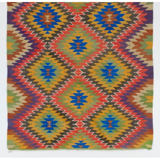 Geometric Pattern Vintage Turkish Kilim (Flat-Weave). Handwoven Hallway Runner Made of Wool. 5.2 x 10.4 Ft (156 x 315 cm)