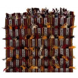 Handmade Vintage Turkish Village Kilim (Flat-weave) with Wool & Cotton Poms. 5.2 x 9.2 Ft (157 x 280 cm)