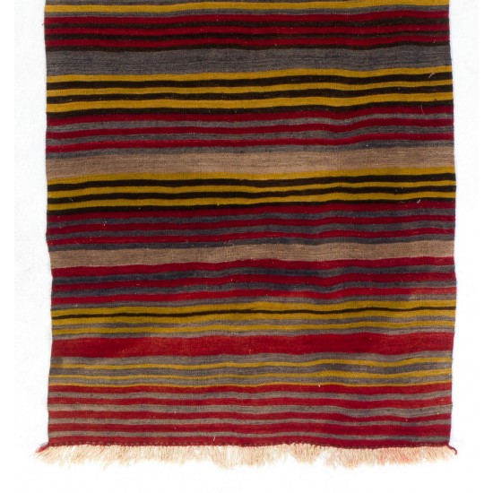 Multicolored Banded Handwoven Vintage Turkish Wool Runner Kilim for Hallway Decor. 5.2 x 11.2 Ft (157 x 340 cm)