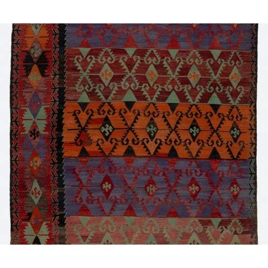 Colorful Hand-Woven Vintage Turkish Runner Kilim (Flat-weave). Geometric Pattern Corridor Kilim. 5.2 x 13.2 Ft (158 x 400 cm)