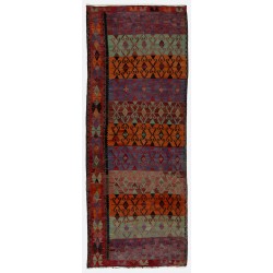 Colorful Hand-Woven Vintage Turkish Runner Kilim (Flat-weave). Geometric Pattern Corridor Kilim. 5.2 x 13.2 Ft (158 x 400 cm)