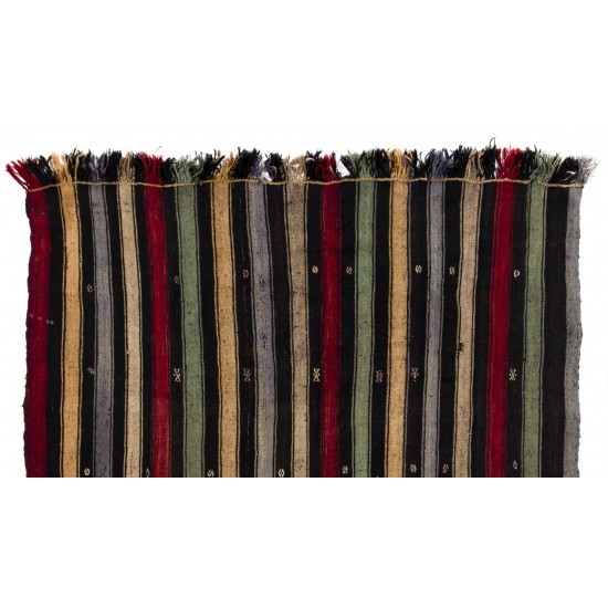 Authentic Handmade Turkish Kilim (Flat-Weave) with Vertical Bands, 100% Wool. 5.3 x 6 Ft (160 x 185 cm)