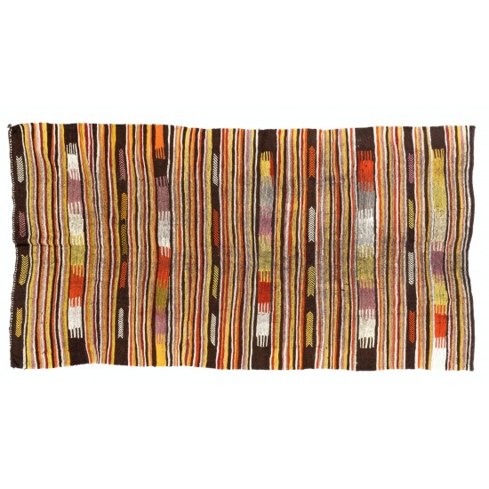 Multicolor Handmade Turkish Kilim (Flat-Weave) with Striped Design, 100% Wool. 5.3 x 10 Ft (160 x 305 cm)