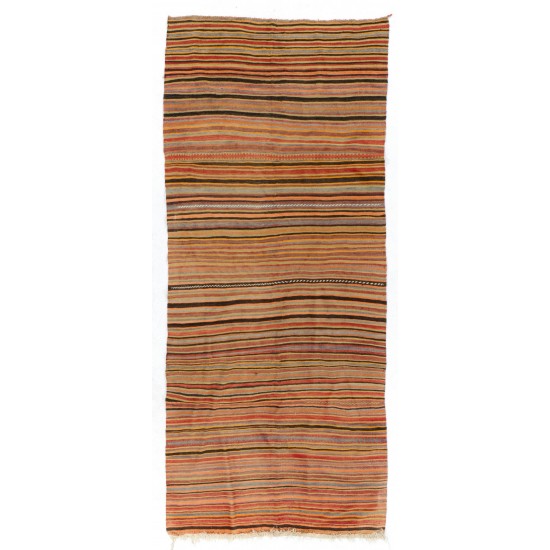 Banded Handwoven Vintage Turkish Wool Runner Kilim for Hallway Decor. 5.3 x 11.9 Ft (160 x 360 cm)