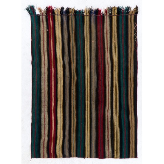 Multicolor Handmade Turkish Kilim (Flat-Weave) with Vertical Bands, 100% Wool. 5.4 x 7 Ft (162 x 215 cm)