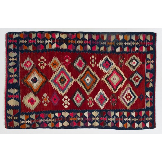Multicolor Handmade Turkish Kilim (Flat-Weave) with Geometric Design, 100% Wool. 5.4 x 8.5 Ft (163 x 257 cm)