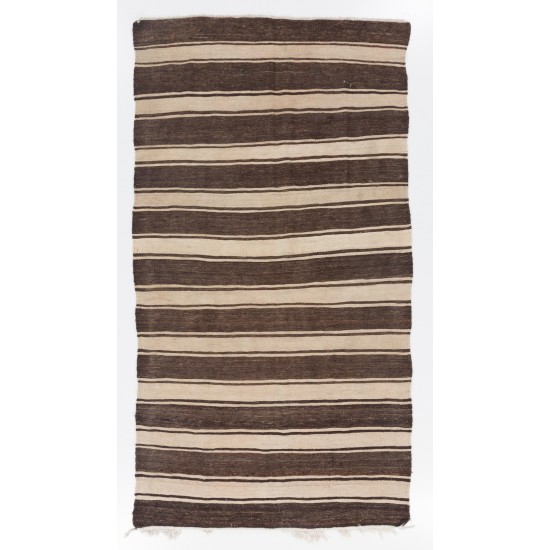 Banded Handmade Turkish Kilim in Natural Beige and Brown Organic Wool. 5.4 x 9.7 Ft (163 x 295 cm)
