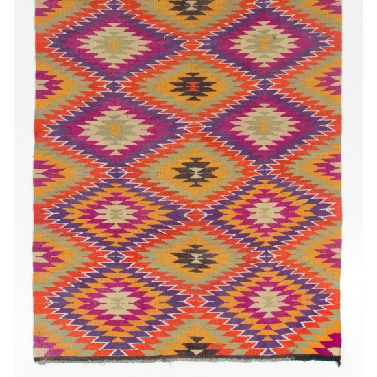 Dazzling Vintage Turkish Wool Kilim, Geometric Patterned Flat-Weave Rug. 5.4 x 12 Ft (164 x 363 cm)