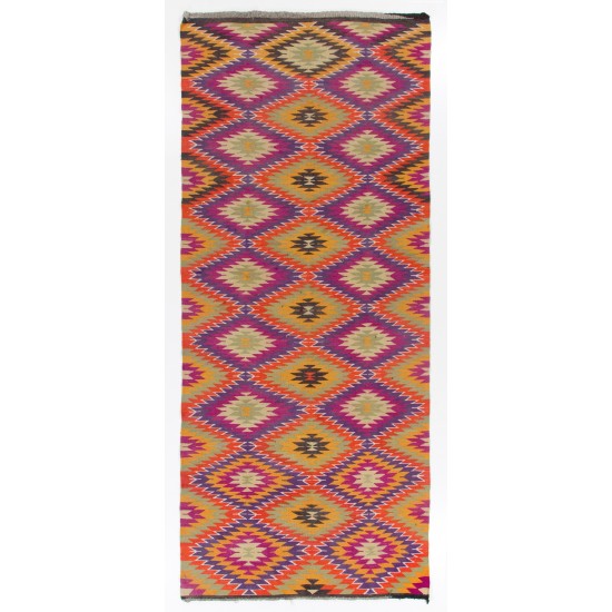 Dazzling Vintage Turkish Wool Kilim, Geometric Patterned Flat-Weave Rug. 5.4 x 12 Ft (164 x 363 cm)