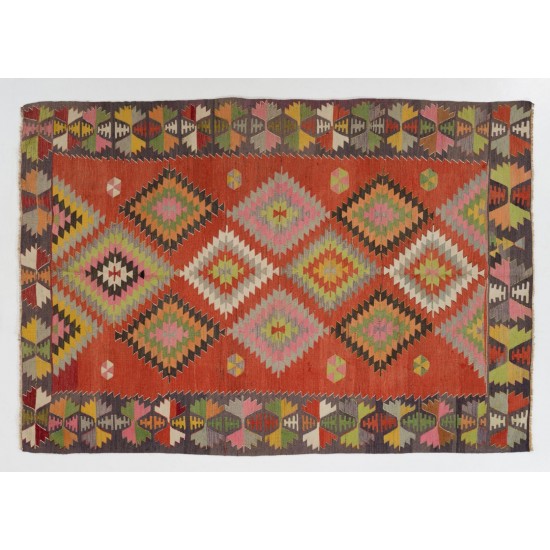 Colorful Vintage Wool Kilim with Geometric Design, Flat-Weave Turkish Ru. 5.5 x 7.9 Ft (165 x 240 cm)
