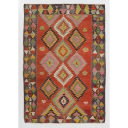 Colorful Vintage Wool Kilim with Geometric Design, Flat-Weave Turkish Ru. 5.5 x 7.9 Ft (165 x 240 cm)