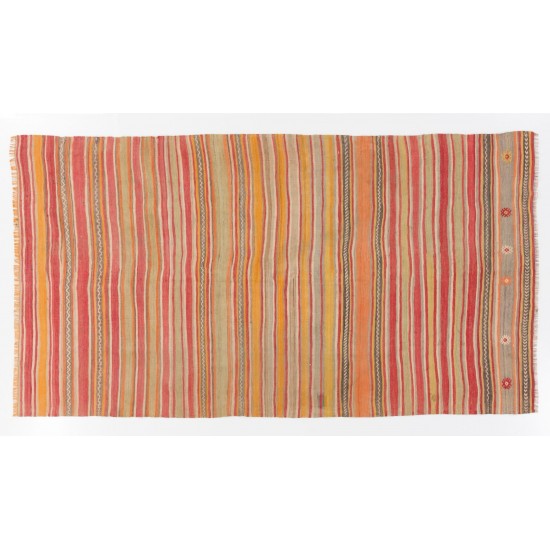 Colorful Handwoven Vintage Turkish Wool Kilim (Flat-weave) with Striped Design. 5.5 x 9.6 Ft (165 x 290 cm)