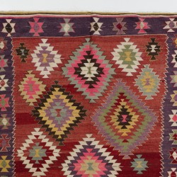 Colorful Turkish Kilim "Flat-Weave", Vintage Wool Carpet with Geometric Design. 5.5 x 9.2 Ft (167 x 280 cm)