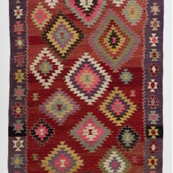 Colorful Turkish Kilim "Flat-Weave", Vintage Wool Carpet with Geometric Design. 5.5 x 9.2 Ft (167 x 280 cm)