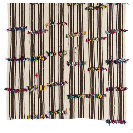 Nomadic Handwoven Turkish Kilim, Striped Vintage Rug with Cotton Colorful Poms. 5.5 x 10.8 Ft (167 x 327 cm)